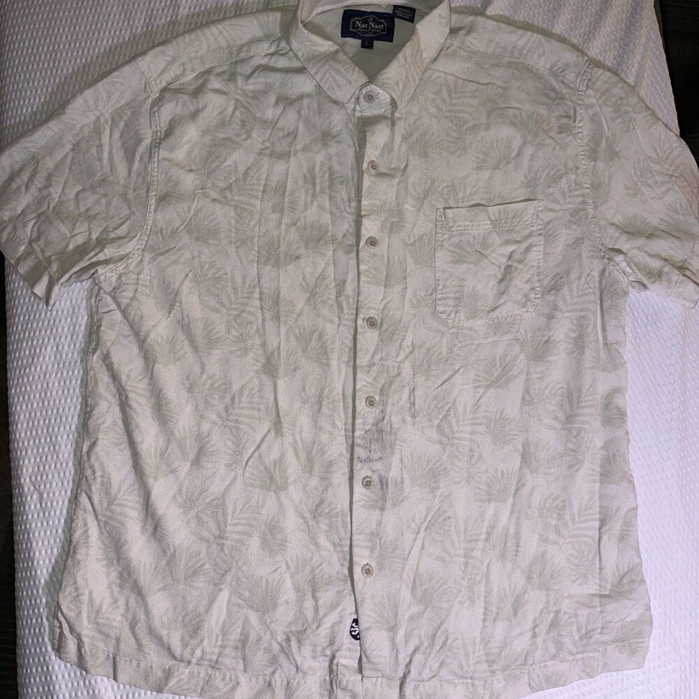 Nat Nast Button Down Shirt Mens Large Beige Silk Cotton Palm Leaves